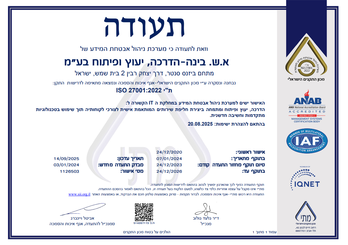 תעודת הסמכה תקן ISO 27001